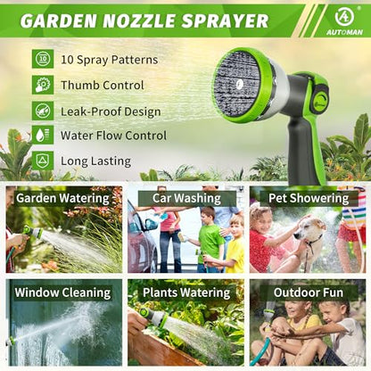 AUTOMAN Garden Hose Nozzle Sprayer - 10 Spray Patterns, Thumb Control On Off Valve, Durable Water Nozzle, Extra 4 Washers, for Watering Garden, Cleaning, Washing Car, Showering Pets Lawngreen - color: Lawngreen