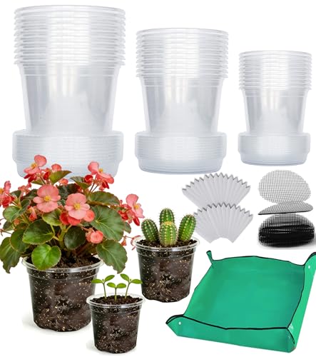 30-Pack Clear Nursery Pots with Saucers (3.5/4/5 Inch) –Transparent Plastic Plant Pots with Drainage Holes and Repotting Mat, Assorted Sizes for Seed Starting, Succulents, Indoor/Outdoor Use - color: Pots+ Saucers+ Repotting Mat, size: 3.5/4/5"-30 sets