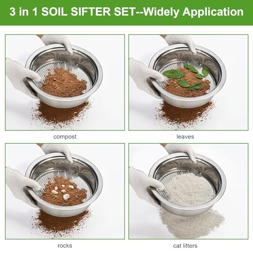 Soil Sieve Sifter Set Stainless Steel,Garden Sieve Set with 3 Interchangeable Mesh 1,3,5mm,Sifting Screen for Dirt, Sand, Rock, Filtration, Compost, with Soil Scoops Gardening Tool - style: 131