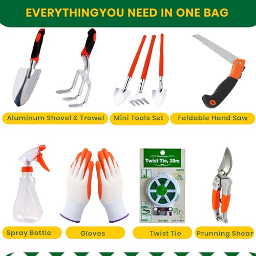 Complete Garden Tools Set, 11 Pcs Heavy Duty Gardening Tools with Organizer Tote Bag, Aluminum & Carbon Steel Garden Tool Set, Gardening Kit for Women & Men, Ideal Gardening Gifts for Plant Lovers