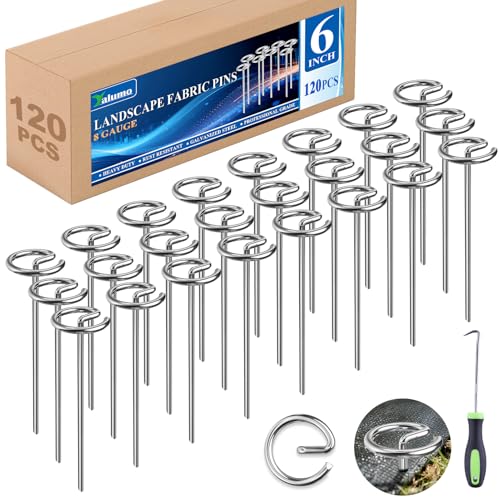 Landscape Fabric Pins 120 Pcs, Thickened 8 Gauge Galvanized Landscape Staples with Pick Hook, 6 Inch G-Shaped Circle Top Garden Stakes for Weed Barrier, Tarps, Inflatables, Outdoor Decorations