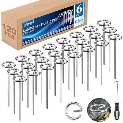 Landscape Fabric Pins 120 Pcs, Thickened 8 Gauge Galvanized Landscape Staples with Pick Hook, 6 Inch G-Shaped Circle Top Garden Stakes for Weed Barrier, Tarps, Inflatables, Outdoor Decorations