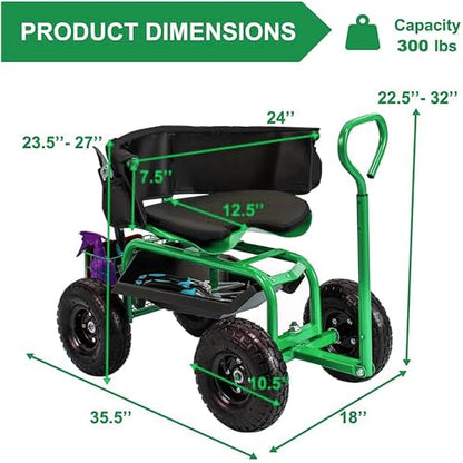 THUNDERBAY Garden Cart Rolling Workseat with Wheels, 360 Degree Swivel Seat, Wagon Scooter with Steering Handle & Utility Tool Tray for Planting, with Storage Basket and Tool Pouch, Green - color: Green