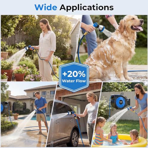 Retractable Garden Hose Reel, 1/2 Inch x 100 ft + 6.6 ft Heavy Duty Wall Mounted Hose Reel with 10 Patterns Nozzle, Any Length Lock, Upgraded Slow Return System, 180°Swivel Bracket and UV Resistant - size: 100 Ft