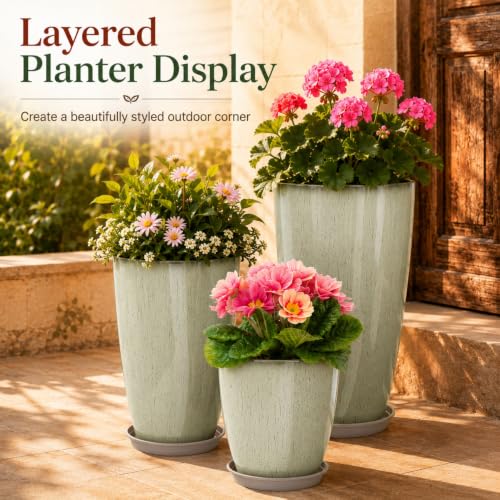 Neoaider Set of 3 Tall Planter, 24/21/12in Large Plastic Planter, DripGlaze - color: Drip Glaze