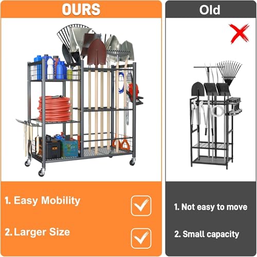 TORACK Garden Tool Stand with Wheels, Rakes Shovels Holder Yard Tools Organizer for Garage, Garden, Shed Indoor/Outdoor Long-Handled Tools Cart(Tool stand with side shelves) - style: Tool stand with side shelves