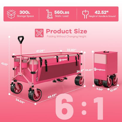 Originsure 300L Collapsible Beach Wagon Cart with Big Wheels, 560lbs, Pink - color: Pink