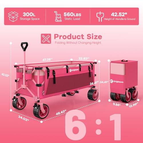 Originsure 300L Collapsible Beach Wagon Cart with Big Wheels, 560lbs, Pink - color: Pink