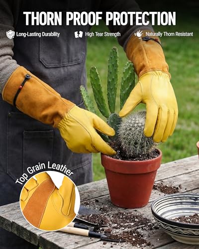 WORKPRO Gardening Gloves, Long Leather Garden Gloves for Women & Men