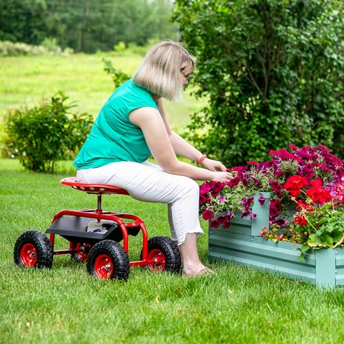 Sunnydaze Rolling Garden Cart with Swivel Seat and Storage, Red - color: Red