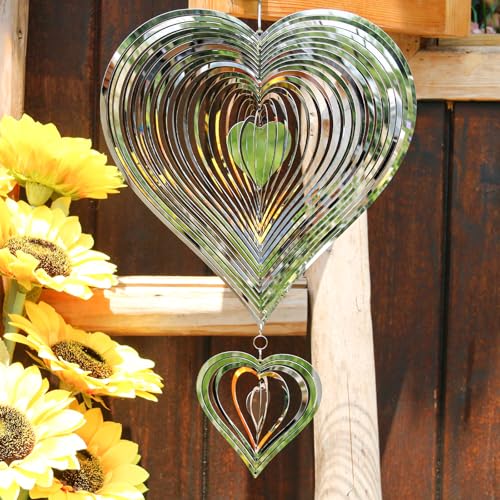 Phuryllic Wind Spinners Outdoor, Garden Decor, Bird Deterrents for Outside, 3D Metal Yard Decorations for Patio & Porch, Unique Gardening Gifts for Women & Moms - 2pcs Silver Heart - color: 2pcs Silver Heart