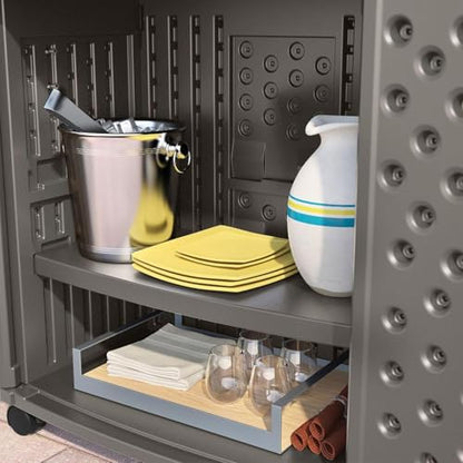 Suncast Patio Plastic Storage and Prep Station with Decorative Wicker Pattern and Multi Wall Panels for Patio, Garden, and Lawn Use, Stoney Gray