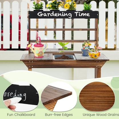 GLACER Potting Bench for Kids, Outdoor Wood Kids Garden Table with Removable Sink, Open Shelves, 4 Pots, Toy Gardening Center Playset, Kids Potting Table Mud Kitchen, Gift for Boys Girls Aged 3+