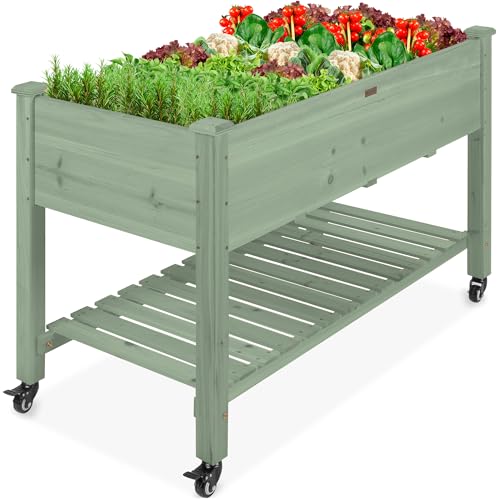 Best Choice Products Raised Garden Bed 48x24x32-inch Mobile Elevated Wood Planter w/Lockable Wheels, Storage Shelf, Protective Liner - Sage - color: Sage