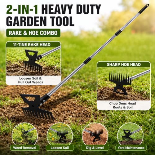 Weed Puller Tool with 61" Long Handle, 2-in-1 Garden Hoe & Weed Rake