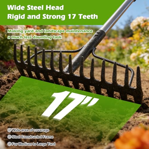 4FT Bow Rake,Heavy Duty Metal Garden Rake for Moving Gravel Loosening Soil Leveling Ground Gathering Leaf Debris Spreading Mulch, 17 Tines,Adjustable Handle, for Lawn Garden Farm Landscape Work - style: 49"