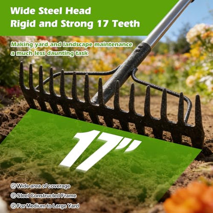 4FT Bow Rake,Heavy Duty Metal Garden Rake for Moving Gravel Loosening Soil Leveling Ground Gathering Leaf Debris Spreading Mulch, 17 Tines,Adjustable Handle, for Lawn Garden Farm Landscape Work - style: 49"