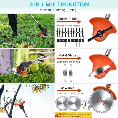 Weed Wacker Cordless, Electric Weed Eater & Lawn Edger - 21V Battery Powered Grass Trimmer 3-in-1 Stringless Grass Trimmer/Edger/Brush Cutter with 2×4.0Ah Batteries (Orange B)