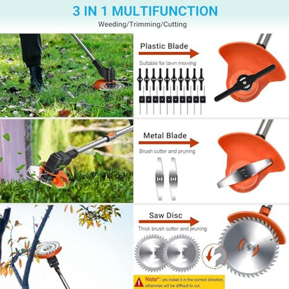 Weed Wacker Cordless, Electric Weed Eater & Lawn Edger - 21V Battery Powered Grass Trimmer 3-in-1 Stringless Grass Trimmer/Edger/Brush Cutter with 2×4.0Ah Batteries (Orange B)