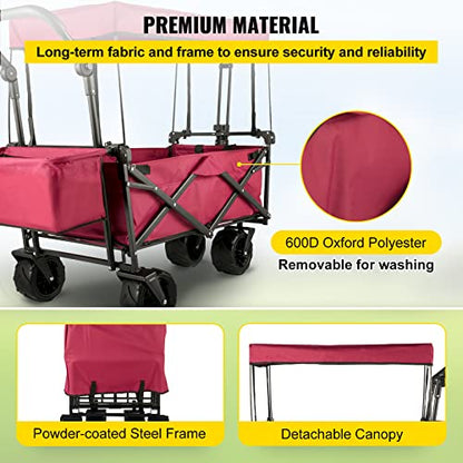 Happbuy Collapsible Wagon with Removable Canopy, 220lbs Heavy Duty Foldable Beach Wagon with Big Wheels - color: Red