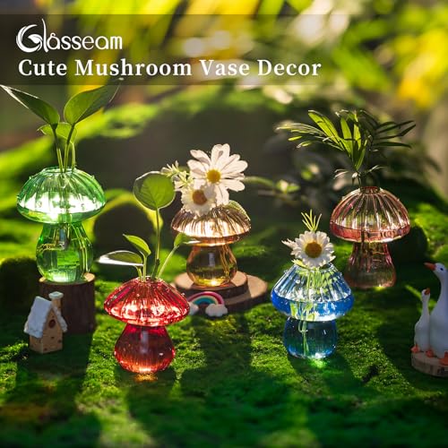 Glasseam Mushroom Glass Plant Propagation Station with Wooden Stand 5Pcs - color: Multicolor, size: 5Pcs