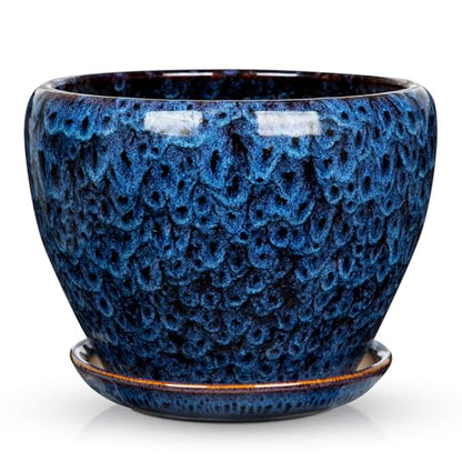 Hollyone 9inch Ceramic Planter Blue Ceramic Plant Pot for Plants Flowers with Drainage Hole and Saucers Ceramic Glaze Round Flower Plant Pot for Indoor Outdoor Large Round Succulent Orchid Flower Pot - size: 9 Inch (Single)