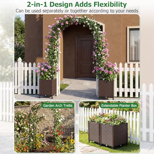 BECOMFORT 91”H Garden Arch Trellis with with 2 Self-Watering Planter Box, PE-Coated Metal Arbor with Lockable Wheels for Climbing Plants Outdoor Wedding Garden Party Backdrop & Flower Support - size: 80“Lx16"Wx91”H
