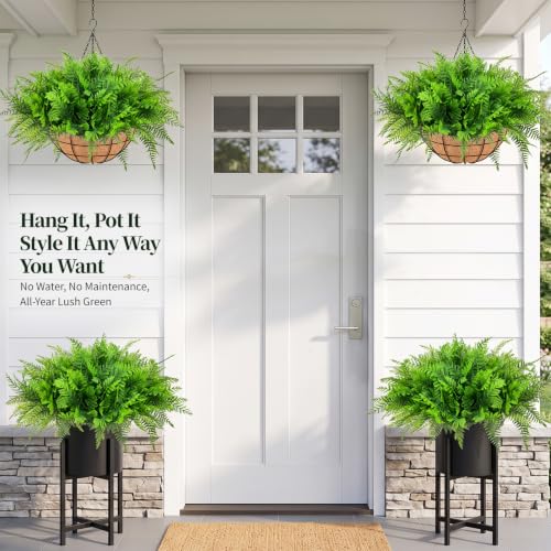 Fake Hanging Plants Fern Baskets, Artificial Ferns for Outdoors, 2 Pack - size: Light Green-2Pack