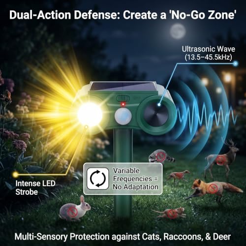 2026 Solar Ultrasonic Animal Repellent Outdoor 4 Pack Deer Squirrel Deterrent with Motion Sensor & Flashing Light, Sonic Racoon Fortress Pro Repeller to Keep Cat Rabbit Dog Out of Yard & Garden