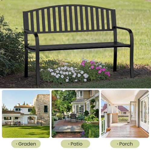 50" Outdoor Bench, Heavy-Duty Metal Frame Graden Bench, Weatherproof Patio Park Bench for Front Porch, Park, Yard, Patio - size: Rectangle