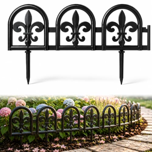 SiliFine Black Garden Border Plastic Edging - 26ft Kit of 20 Pack Decorative Landscape Fence Panels, Interlocking Wrought Iron Style Yard Lawn Edge Barrier for Flower Bed and Pathway
