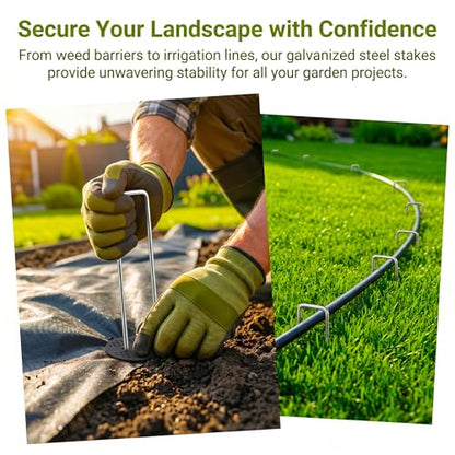 Landscape Staples 6 Inch - 50 Pack Heavy Duty U-Shaped Garden Stakes (50 Pins + 50 Gaskets), 11 Gauge Galvanized Ground Anchors for Weed Barrier Fabric, Sod, Lawn Edging (50)