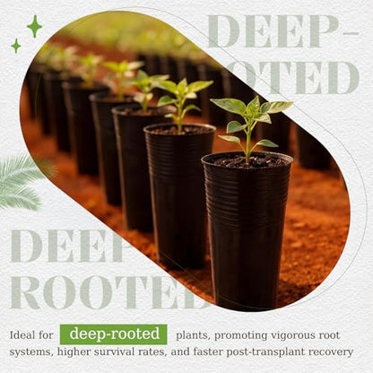 100 Pack Tall Tree Pot 9.8'' x 4.7'', Black Plastic Deep Nursery Pots, Soft Deep Seedling Pots for Seed Starting, Plant Starter Cups with Drainage Holes for Flowers, Cuttings Transplanting - size: 9.8'' X 4.7''