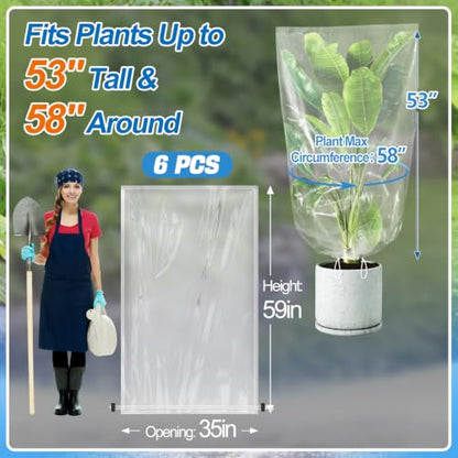 6Pcs 35"x59" Winter Plant Cover Freeze Protection, Plastic Plant Frost Bags - size: 59"H, 35" Opening