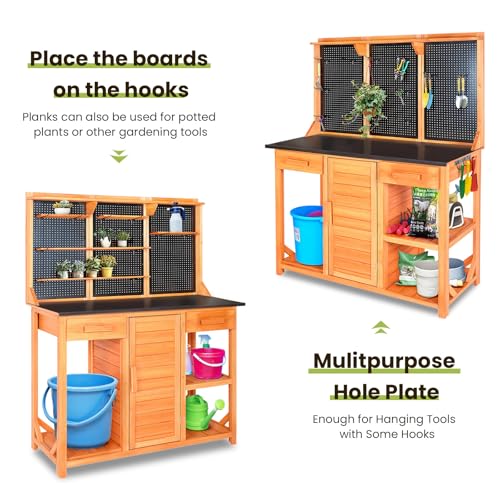 Agitree Outdoor Garden Potting Bench, Horticultural Wooden Workstation Table with Storage Drawer, Cabinet, Metal Pegboard, Adjustable Hooks and Shelves for Backyard, Patio, Greenhouse
