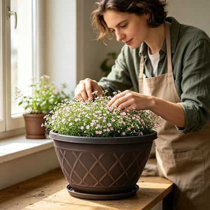 4 Pack 12 Inch Pots for Plants, Plastic Flower Pots with Faux-fence Texture - color: Plaid Pattern-brown, size: 12 Inch - 4Pack