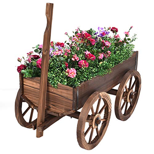 GIANTEX Wood Wagon Flower Planter Pot Stand W/Wheels Home Garden Outdoor Decor - color: Brown, size: 29.5” x 17” x 21”