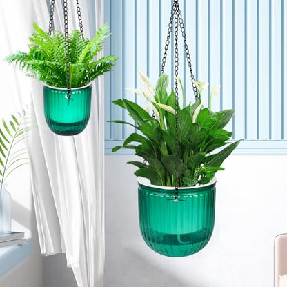 4Pcs Self Watering Hanging Planter, 6.5'' 4.5'' Hanging Plant Pots with Drainage Holes,Plastic Hanging Plant Flower Pots Baskets,Visible Hanging Planters for Indoor Plant Garden Home(Emerald)