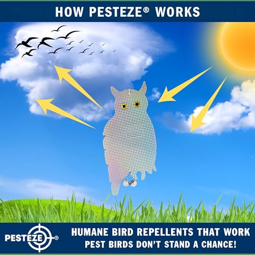 PESTEZE USA Owl Bird Repellent Holographic Decoy with 2 Bells [9 x 15 inch] to Deter Woodpeckers, Pigeons, Crows, Ducks, Geese & Critters Using Reflective Scare Patterns for Humane Property Protection