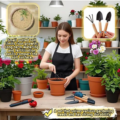 3-Piece Mini Garden Tool Set, Indoor Plant Care Kit with Wood Handle, Black Iron Tools for Potting, Transplanting and Cultivating, Compact Succulent and Houseplant Tools,Small Shovel, Trowel, Rake