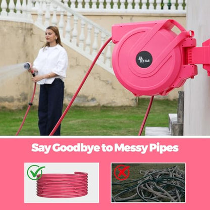 Retractable Garden Hose Reel 5/8 in x100 ft， Wall Mounted Hose Reel - color: Pink, size: 5/8"x100 ft