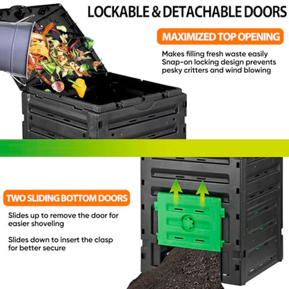SUPER DEAL 120 Gallon Compost Bin, 450L Outdoor Garden Waste Composter with Flip-top Lid and Bottom Door, Large Capacity BPA Free Material for Fast Creation of Fertile Soil, Easy to Assemble, Black - size: 120 Gallon