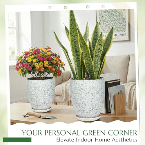 9.5 Inch Flower Pots for Indoor Plants,Ceramic Planter with Saucer Drainage Leak-Proof Mesh Gardening Gloves (Spotted Blue) - color: Spotted Blue, size: 9.5 Inch
