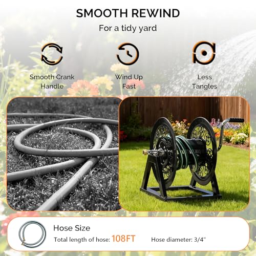 VINGLI Decorative Hose Reel, Wall Mount Water Hose Reel for Garden Outside with Heavy Duty Portable Rolling Design Metal, 108FT Capacity for 3/4" Hose for Outdoor Use (Black)