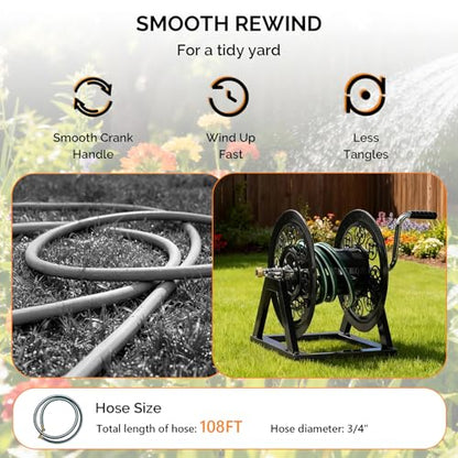 VINGLI Decorative Hose Reel, Wall Mount Water Hose Reel for Garden Outside with Heavy Duty Portable Rolling Design Metal, 108FT Capacity for 3/4" Hose for Outdoor Use (Black)
