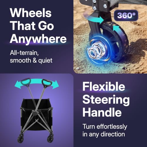 39" L Collapsible Wagon with All-Terrain Wheels, 460 lbs Foldable Cart with Detachable Flashlight, Pockets & Flexible Steering Handle, Black Utility Heavy Duty Folding Beach Wagons Carts - color: Black