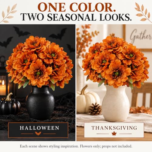 Fake Fall Flowers Artificial 4 Bundles Burnt Orange Mums for Vase - color: Brown Orange