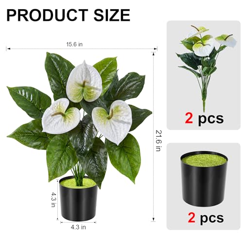 Artificial Plants Outdoor with Pots, 2 Pack Anthurium Artificial Flowers Potted Fake Plants, UV Resistant Realistic Faux Tropical Greenery for Planters Inside Porch Patio Yard (White, 21.6") - color: Anthurium-white