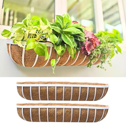 LaLaGreen Outdoor Planter Boxes (36 Inch, 2 Pack) White Metal Deck Railings Flower Box with Coco Liner, Rectangular Wall Planters for Window Plants Horse Troughs Fence Balcony Modern Herb Patio Porch - size: 36 Inch (2 Pack)