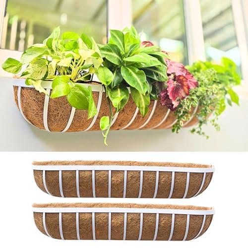 LaLaGreen Outdoor Planter Boxes (36 Inch, 2 Pack) White Metal Deck Railings Flower Box with Coco Liner, Rectangular Wall Planters for Window Plants Horse Troughs Fence Balcony Modern Herb Patio Porch - size: 36 Inch (2 Pack)